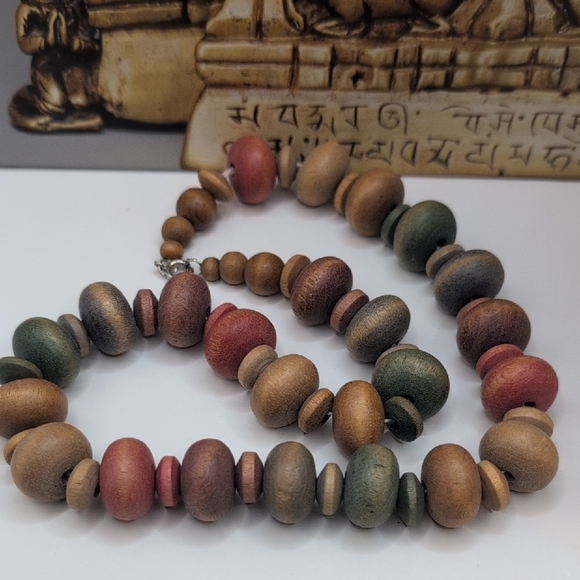 Earthy Colorful Natural Material / Wood beaded Necklace - Picture 4 of 5